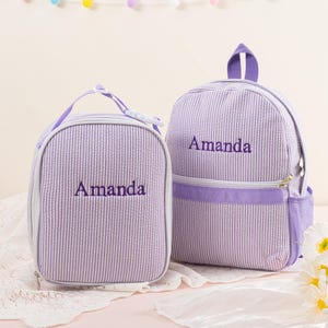 Personalized Kids&#39; Backpack Seersucker Preppy Backpack Personalized Kids Lunch Bag Insulated Lunch Box Purple Pink Backpack and Lunch Bag