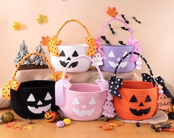 Personalized Kids Halloween Trick Or Treat Basket Custom Woven Rope Ghost Name Tag