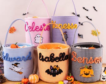 Personalized Halloween Basket, Custom Name Trick Or Treat Bucket for Kids, Gingham Candy Bag