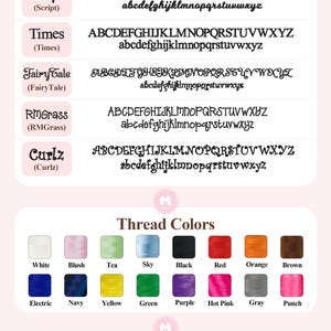 May include: A chart displaying various embroidery fonts and thread colours. The fonts include Script, Times, Fairy Tale, RMGrass, and Curlz. The thread colours include white, blush, tea, sky, black, red, orange, brown, electric, navy, yellow, green, purple, hot pink, grey, and punch. The text at the bottom reads "Louisa Jefferson" and "The machine frame size is limited, the more letters will be smaller."