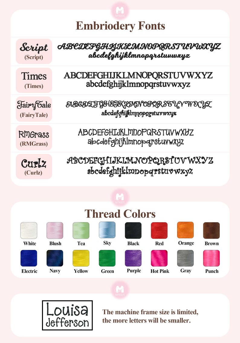 May include: A chart displaying various embroidery fonts and thread colours. The fonts include Script, Times, Fairy Tale, RMGrass, and Curlz. The thread colours include white, blush, tea, sky, black, red, orange, brown, electric, navy, yellow, green, purple, hot pink, grey, and punch. The text at the bottom reads "Louisa Jefferson" and "The machine frame size is limited, the more letters will be smaller."