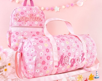 Girls Backpack and Duffle Bag Set – Custom Hand-Stitched Name, Personalized Floral Corduroy Weekender Bag