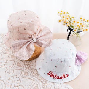 Personalized Sun Hat for Kids, Custom Name Beach Bucket Hat with Windbreak Rope, 0-10 Years Girls Pink Hat withe Bow, Baby Shower Gift