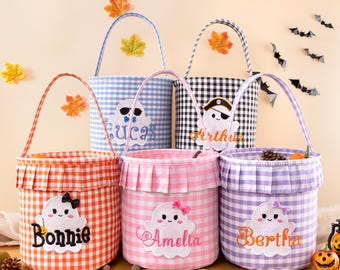 Halloween Basket for Kids Personalized Gingham Trick or Treat Bag Ghost Candy Tote Bucket