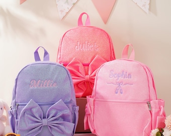 Personalized Toddler Backpack, Baby Girl School Book Bag with Bow, Sparkly Glitter Dance Bag