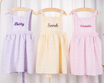 Personalized Kids Plaid Apron: Embroidered Cooking Pinafore for Girls