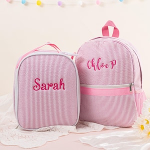 Pink Backpack and Lunch Bag Set, Personalized Toddler Seersucker Backpack, Custom Kids Lunch Bag\Box, Backpack to School Gift for Child