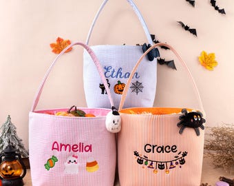 Personalized Kids Halloween Basket Custom Embroidered Seersucker Trick Or Treat Candy Bucket Bag