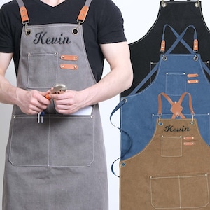 Personalized Canvas Apron for Men, Custom Birthday Gift for Dad, Bartender&#39;s Barista&#39;s Apron with Leather Strap, Christmas Gift for Him