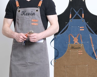 Personalized Canvas Apron for Men, Leather Strap Bartender Apron, Christmas Gift