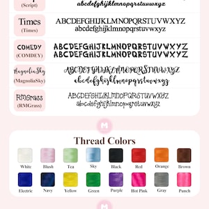 May include: A chart showing different embroidery fonts and thread colors. The fonts include Script, Times, Comedy, Magnolia Sky, and RMGrass. The thread colors include white, blush, tea, sky, black, red, orange, brown, electric, navy, yellow, green, purple, hot pink, gray, and punch. The text at the bottom says "Louisa Jefferson" and "The machine frame size is limited, the more letters will be smaller."