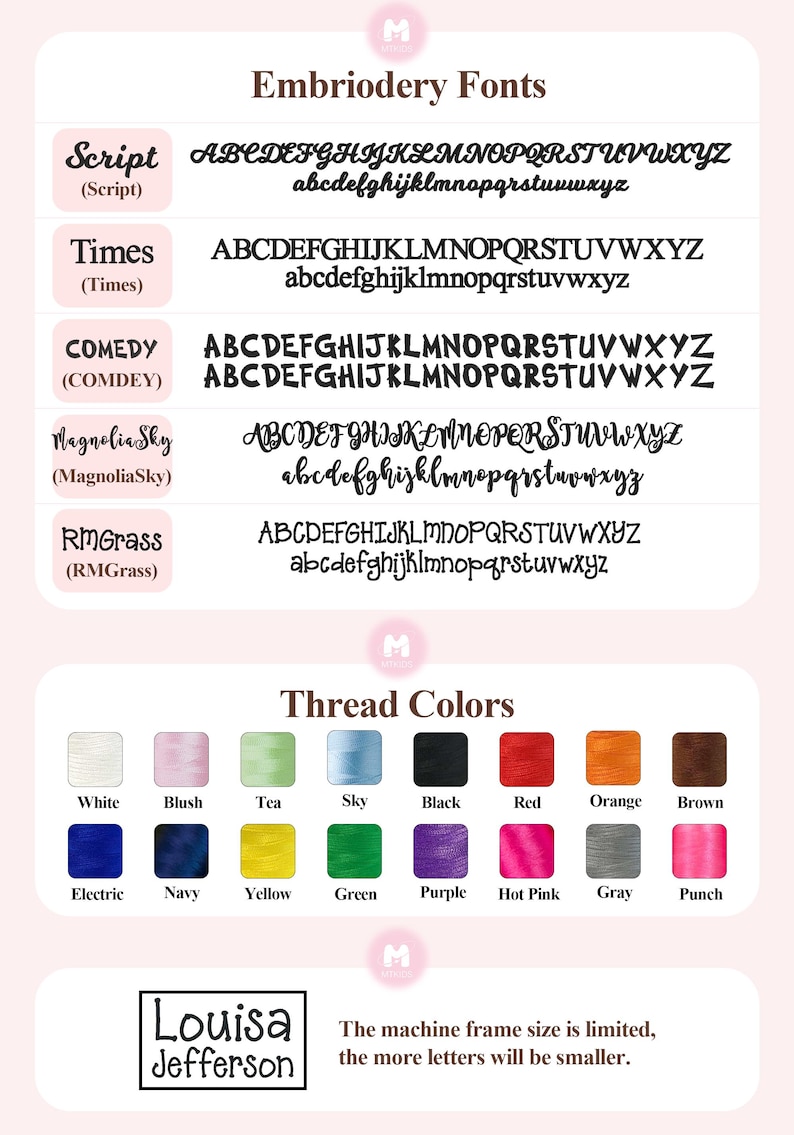 May include: A chart showing different embroidery fonts and thread colors. The fonts include Script, Times, Comedy, Magnolia Sky, and RMGrass. The thread colors include white, blush, tea, sky, black, red, orange, brown, electric, navy, yellow, green, purple, hot pink, gray, and punch. The text at the bottom says "Louisa Jefferson" and "The machine frame size is limited, the more letters will be smaller."