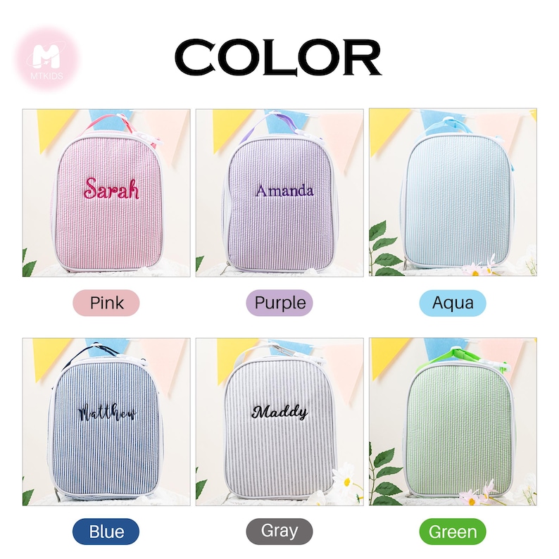 Personalized Seersucker Kids Lunch Bag: Insulated Stripe Tote, Reusable Child/ Toddler Lunch Box Green
