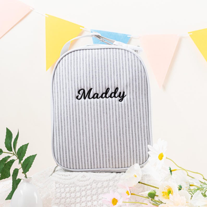 Personalized Seersucker Kids Lunch Bag: Insulated Stripe Tote, Reusable Child/ Toddler Lunch Box Gray