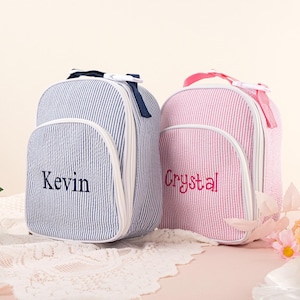 Personalized Kids Lunch Bag Insulated Seersucker Lunch Bag with Pockets Custom Monogram Lunchbox for School, Girls, and Boys Cooler Bag
