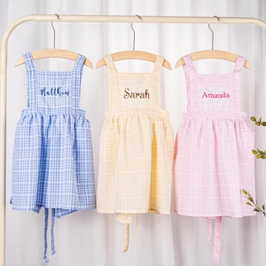 Plaid Apron with Pockets Personalized Kid’s Apron with Embroidery Name Toddler Cooking Pinafore Girls Christmas Gifts for Kids/Girls