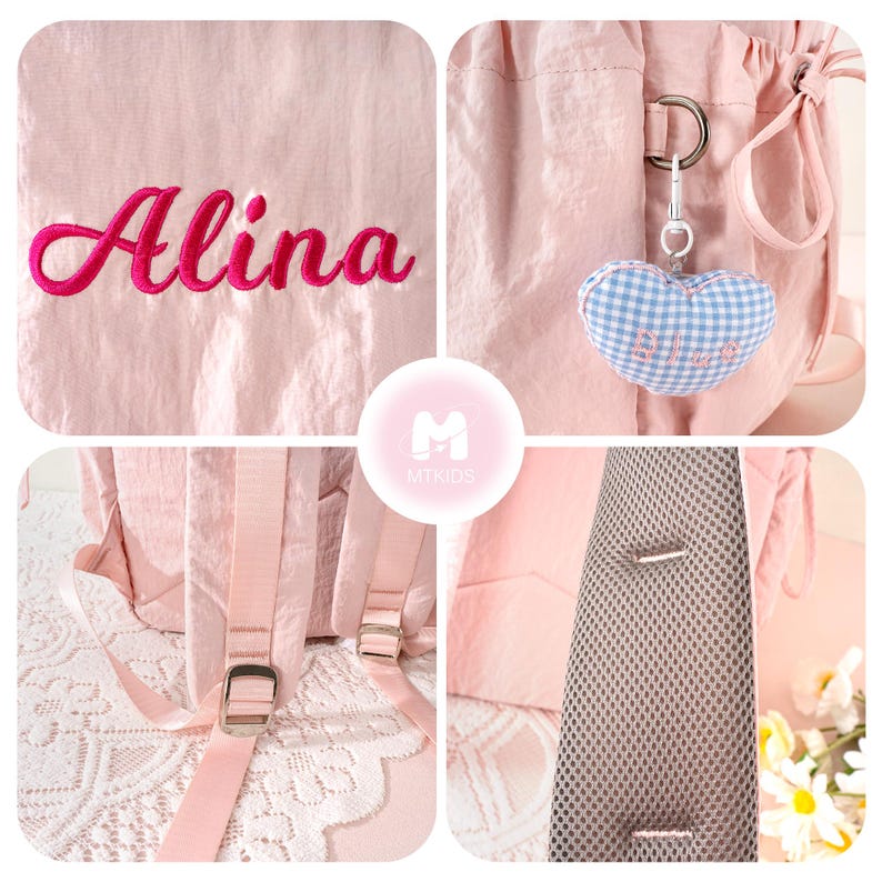 May include: Pink backpack with the name "Alina" embroidered in a cursive font. The backpack has adjustable straps, a mesh back panel, and a heart-shaped keychain. The backpack is made of a lightweight, possibly nylon, material.