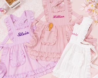 Personalized Toddler Apron Embroidered Name Kids Cooking Ruffle Pinafore little Girl Baking Gift