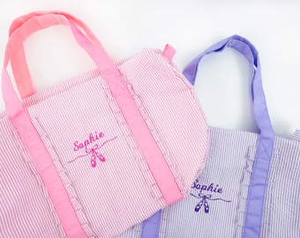 Embroidered Girls Dance Bag: Personalized Ballet Baby Duffle, Seersucker Weekender Travel