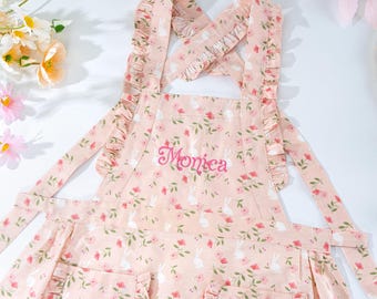 Little Girls Apron: Pink Bunny Floral Cotton Toddler Pinafore with Ruffle Straps