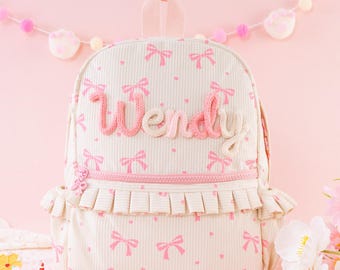 Toddler Backpack, Custom Corduroy School Bag with Bow, Personalized Baby Girls Daycare Bag
