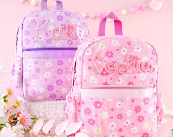 Toddler Backpack with 3D Name, Girls Daycare Bookbag, Personalized Floral Corduroy Preschool Bag