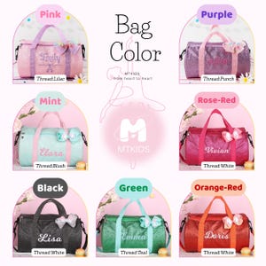 May include: A collection of eight cylindrical duffel bags in pink, purple, mint, rose-red, black, green, and orange-red. Each bag features a personalized name, a decorative bow, and a specific thread color label. The central text reads Bag Color MTKIDS.