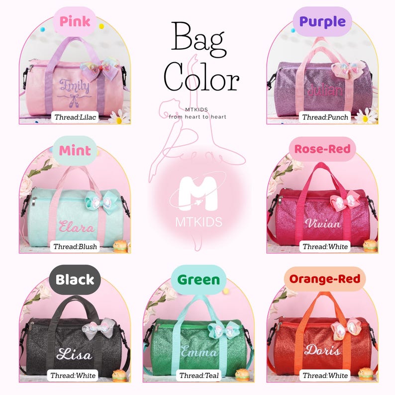 May include: A collection of eight cylindrical duffel bags in pink, purple, mint, rose-red, black, green, and orange-red. Each bag features a personalized name, a decorative bow, and a specific thread color label. The central text reads Bag Color MTKIDS.