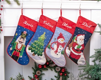 Christmas Stockings Personalized, Vintage Needlepoint Christmas Stocking, Embroidery Family Stockings, Old-Fashioned Christmas Décor Gift