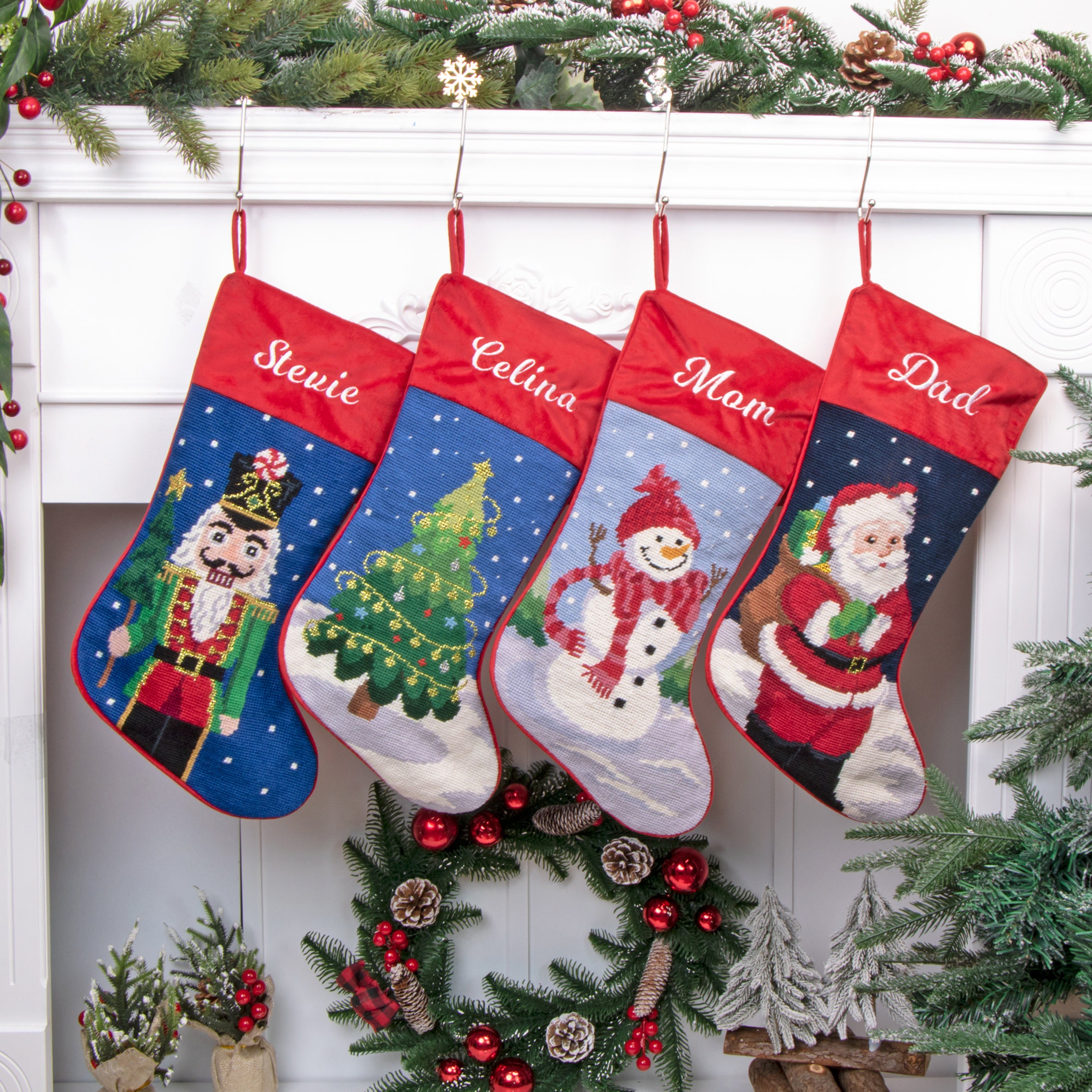 Personalized Vintage Needlepoint Christmas Stocking: Family Embroidery Name Home Décor Gift