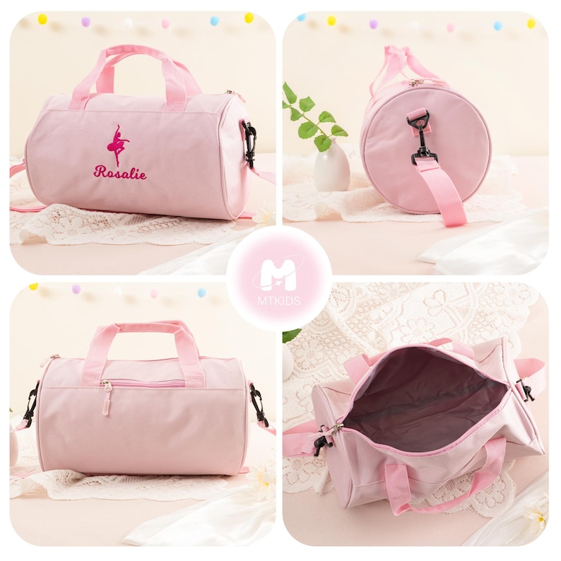 Pu&ograve; includere: Una borsa da viaggio rotonda in tela rosa con chiusura a zip e una tracolla. La borsa ha una piccola ballerina ricamata e il nome "Rosalie" sul davanti.