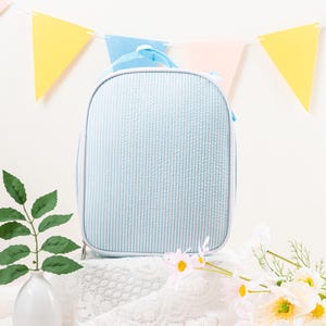 Personalized Seersucker Kids Lunch Bag: Insulated Stripe Tote, Reusable Child/ Toddler Lunch Box Aqua