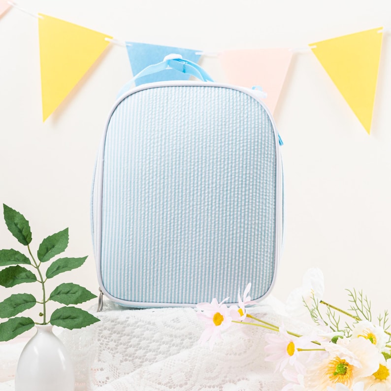 Personalized Seersucker Kids Lunch Bag: Insulated Stripe Tote, Reusable Child/ Toddler Lunch Box Aqua