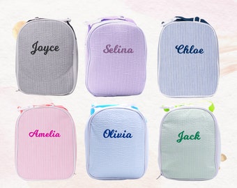 Personalized Kids Lunch Bag, Reusable Lunch Tote, Seersucker Bag, Kids Insulated Lunch Box for Boys and Girls, Stripe Pattern, child gift.