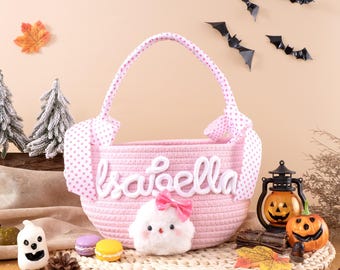 Custom Halloween Basket, Personalized Candy Trick or Treat Bag, Halloween Woven Bucket Boys Girls