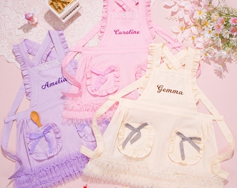 Personalized Kids Apron Embroidered Toddler Baking Cross Back Ruffle Pinafore for Girls Play Kitchen Gift