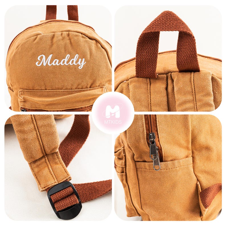 K&ouml;nnte beinhalten: Ein brauner Canvas-Rucksack mit einer Rei&szlig;verschlusstasche und verstellbaren Tr&auml;gern. Der Rucksack hat den Namen "Maddy" in wei&szlig;er Schrift auf der Vorderseite gestickt.