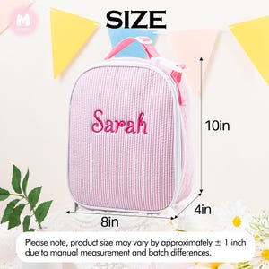 Personalized Seersucker Kids Lunch Bag: Insulated Stripe Tote, Reusable Child/ Toddler Lunch Box Pink