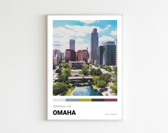 Omaha Poster, Nebraska Print, Omaha NE Skyline, Art mural imprimable, Minimaliste, vintage, Illustration de voyage, Amérique USA State Photography