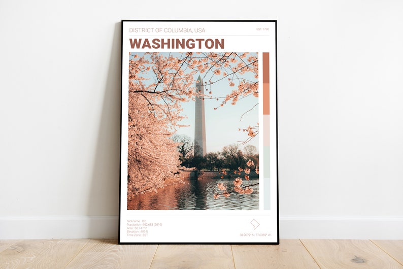 Affiche de la ville de Washington DC / Imprimer / Art mural imprimable / Décoration minimaliste / Skyline / vintage / Illustration de voyage image 1