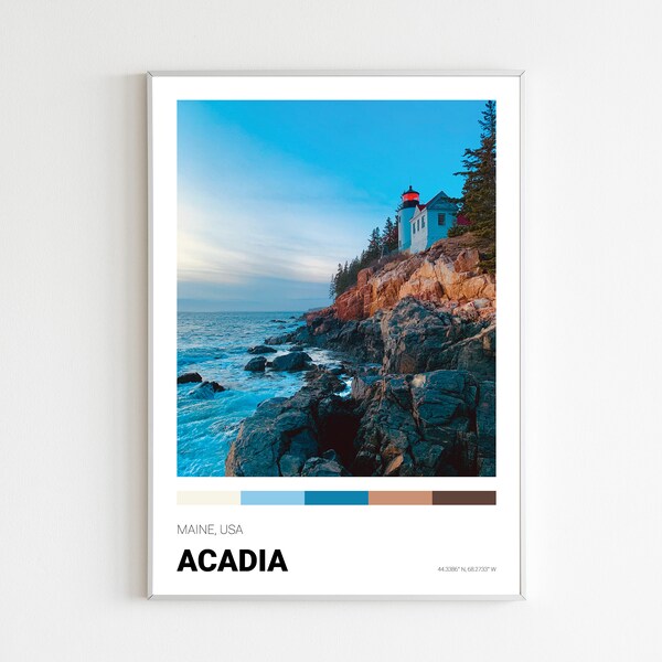 Acadia National Park, Acacia Poster, Bass Harbor Head Lighthouse, Cadillac Mountain, Sand Beach, Thunder Hole, Printable Wall Art, Travel