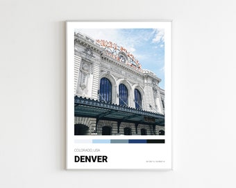 Denver Print, Colorado Poster, Downtown Denver City Skyline, Union Station Train, Printable Wall Art, vintage, Voyage, Amérique États-Unis