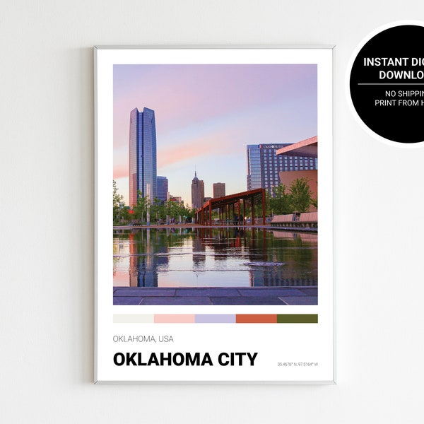 Oklahoma City Print, Oklahoma Skyline, OKC Poster, Digital Download, Printable Wall Art, Vintage America USA State Photography, State Map