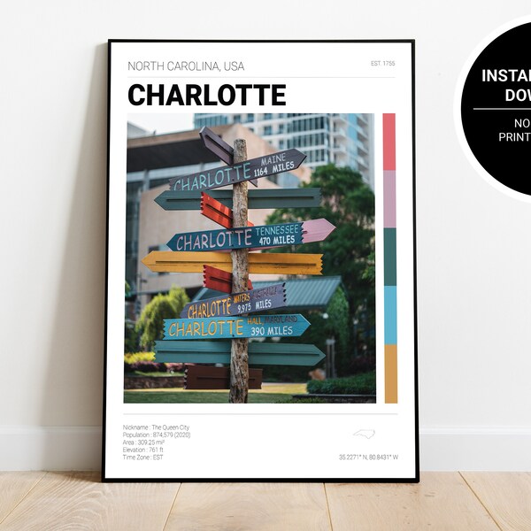 Charlotte North Carolina Poster / Charlotte NC Skyline / NC Photography / Art mural imprimable / Téléchargement numérique /