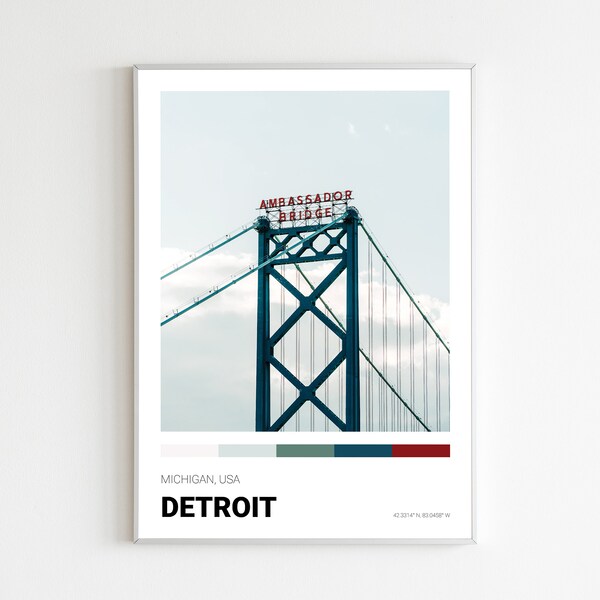 Detroit Print, Detroit Skyline, Michigan Poster, Michigan Wall Art, Ambassador Bridge, Minimalist Polaroid Photography, Vintage Modern