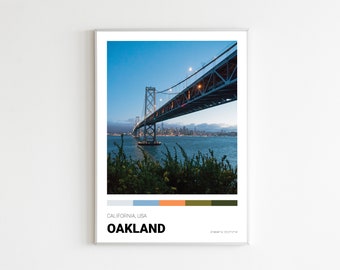 Oakland Poster, California Print, Oakland Bridge Skyline, Art mural imprimable, Minimaliste, vintage, Illustration de voyage, Cali Photography