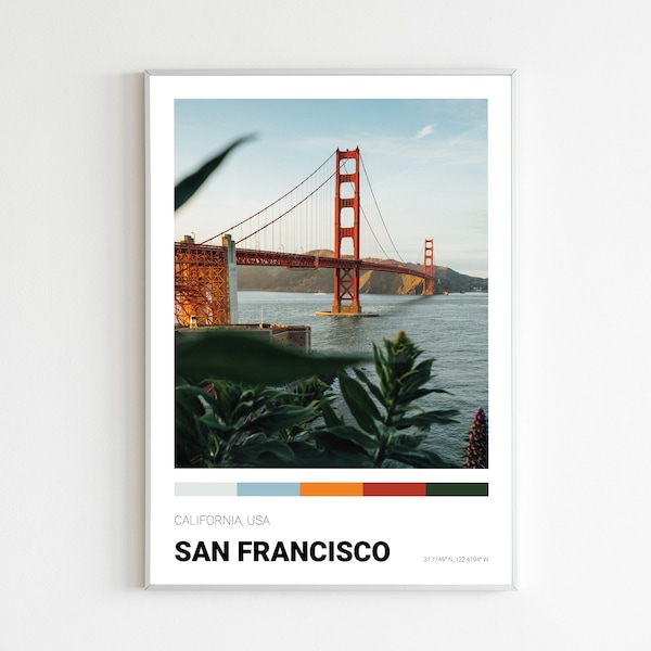 San Francisco Poster, California Wall Art, Golden Gate Bridge, Fisherman's Wharf, Twin Peaks, Napa Valley, Coit Tower, USA Travel, Cable Car
