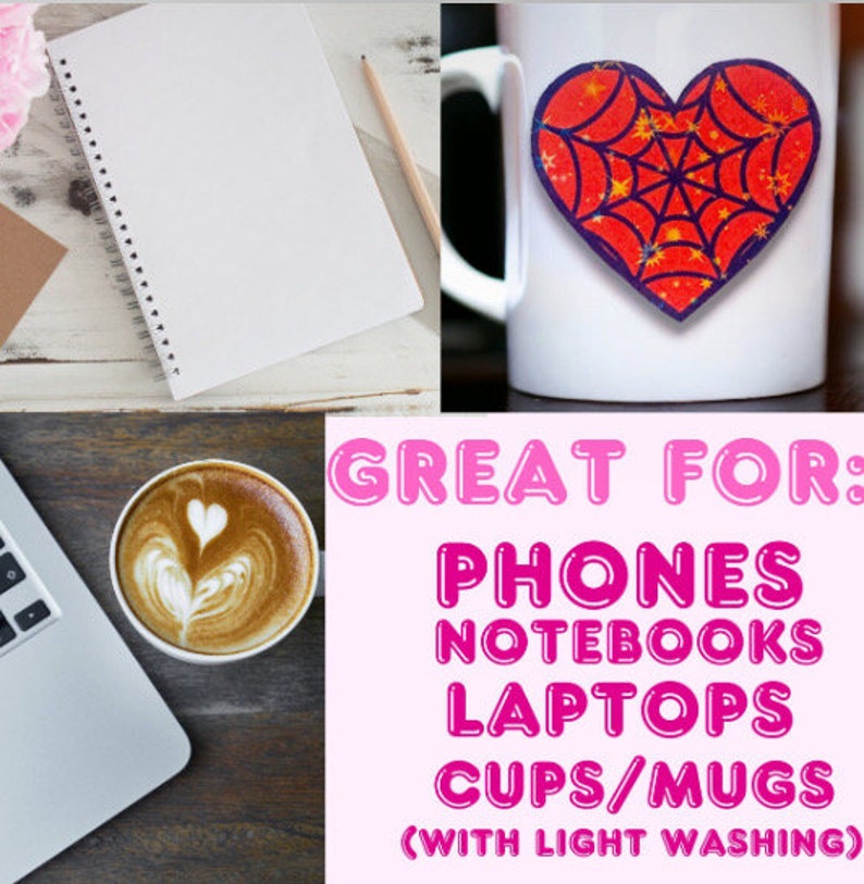 May include: A white spiral-bound notebook with blank pages, a pencil, and a coffee cup with latte art. A white mug with a heart-shaped sticker and the text "GREAT FOR: PHONES NOTEBOOKS LAPTOPS CUPS/MUGS (WITH LIGHT WASHING)" is also visible.
