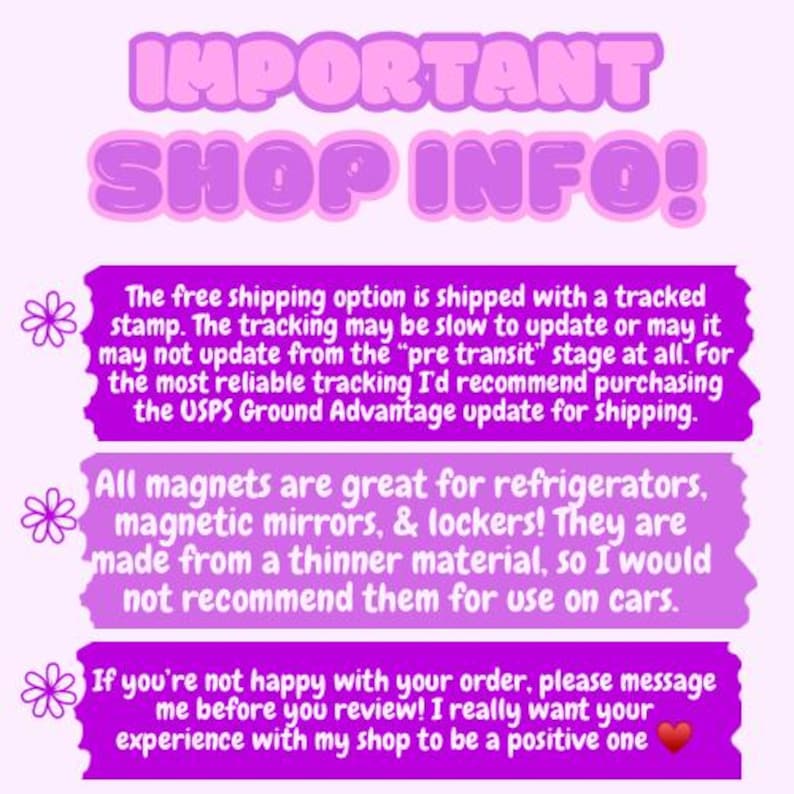 Może przedstawiać: Grafika z tekstem "IMPORTANT SHOP INFO!" w czcionce bąbelkowej. Obraz zawiera trzy fioletowe prostokątne pola tekstowe z białym tekstem. Pola tekstowe zawierają informacje o wysyłce, magnesach i zadowoleniu klienta.