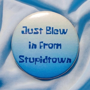 Just Blew in From Stupidtown Buttons | Funny Pins, Funny Buttons, Meme Pins, Meme Gifts, Meme Buttons, Buttons for Kids, Cartoons Gifts